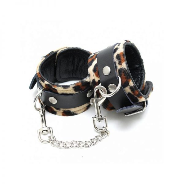 Esposas de Cuero Estampado Leopardo  Ajustable marca BONDAGE PLAY